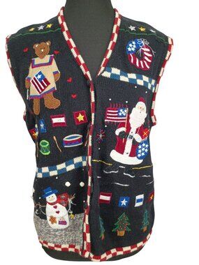 Vtg Santa Snowman USA Country Granny Core Christmas Sweater‎ Vest Womens L Ambra